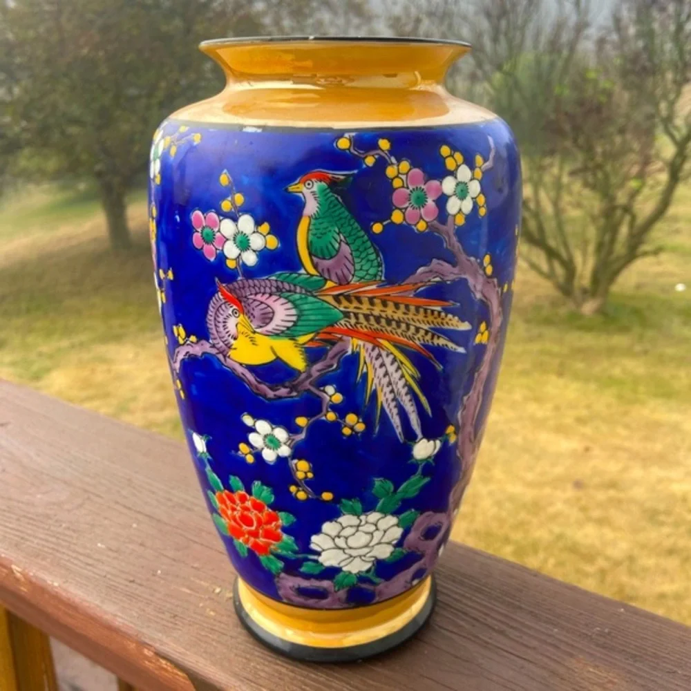 VTG Japanese Porcelain Hand Painted Cobalt Blue Flowers Birds Vase 9 1/2” Nice!
